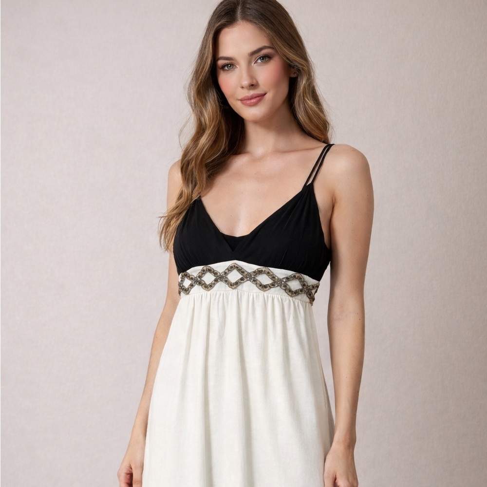 velvet by graham‎ spencer Black, Cream Beaded Empire Waist Dress Size Small